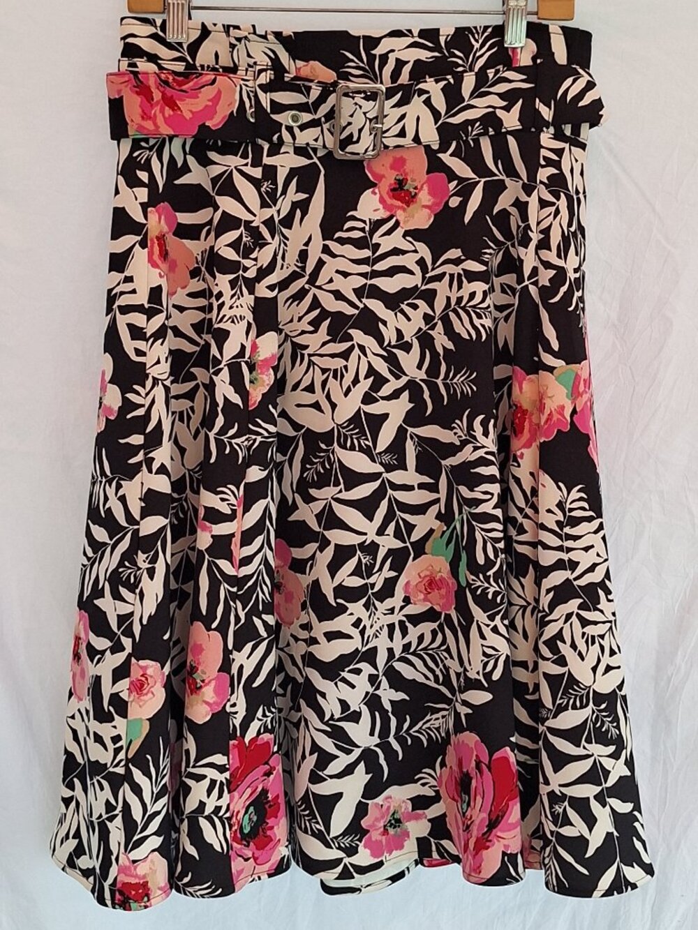 Black Pink Floral  Belted Hi-Waist Zipper Feminine Romantic Midi Skirt 8